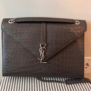 YSL Large Monogram Envelope Bag Crocodile Embossed Dark Grey w/ Silver Hardware